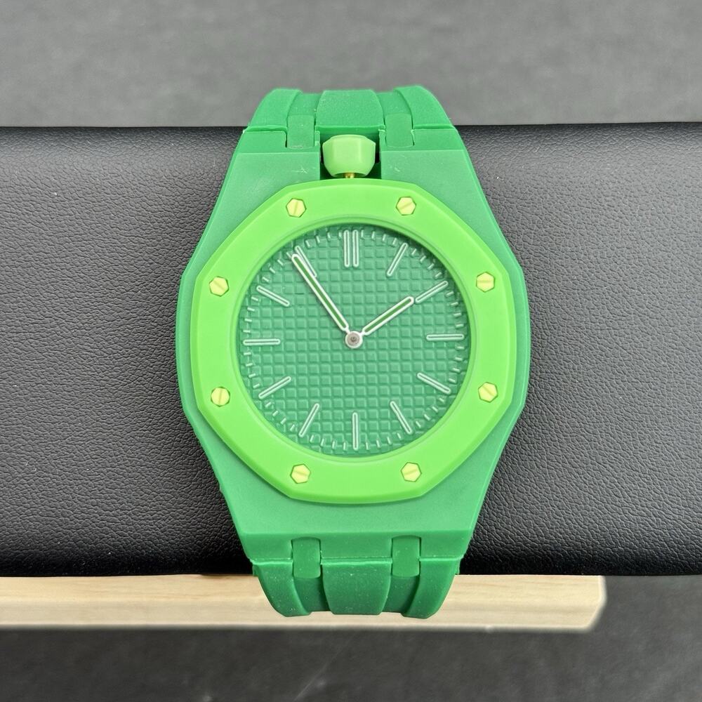Green Sports Watch Octagonal Bezel Textured Tapisserie Dial Silicone Band Quartz